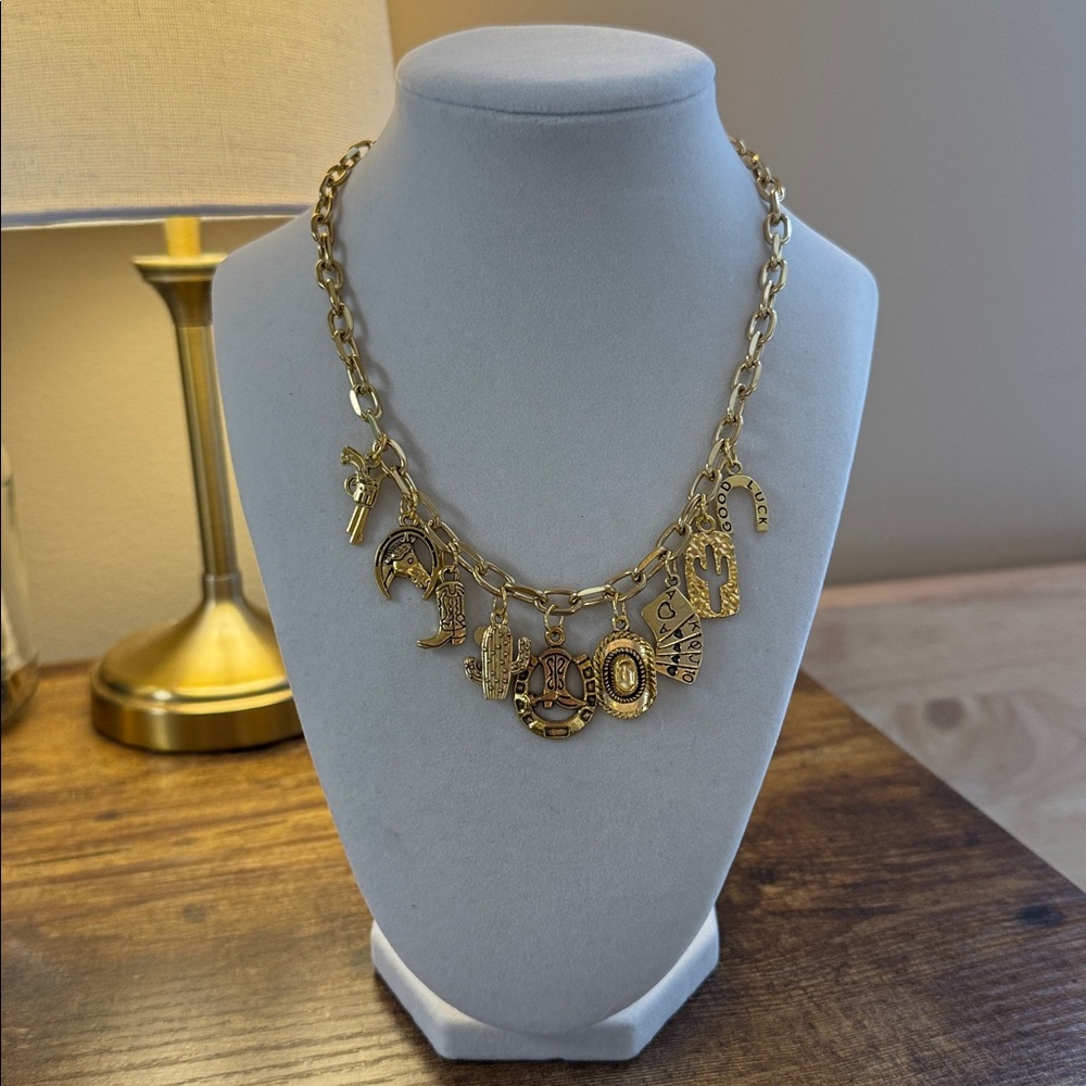Gold Tone Western Charm Necklace Cowboy Statement Costume Jewelry